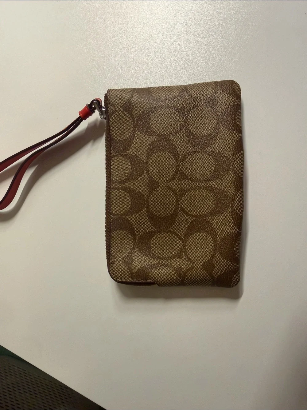 Coach Brown Signature Canvas Wristlet with Red Leather Accent